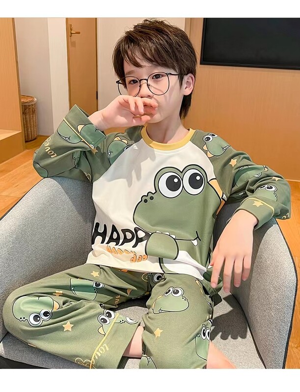 Vaikiškas pavasario ir rudens 2 dalių berniuko pižamos ilgomis rankovėmis ilgos kelnės šukuotos medvilninės berniuko pižamos namų drabužių rinkinys