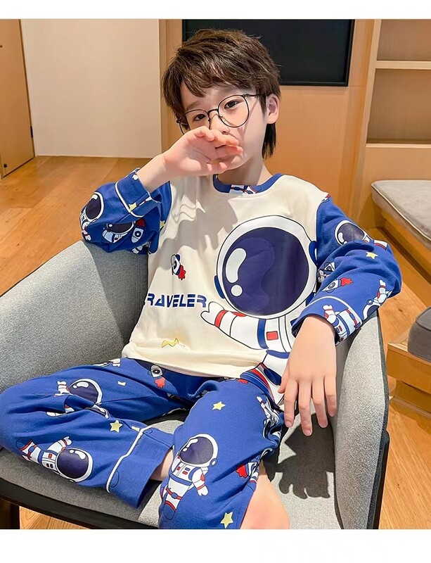 Vaikiškas pavasario ir rudens 2 dalių berniuko pižamos ilgomis rankovėmis ilgos kelnės šukuotos medvilninės berniuko pižamos namų drabužių rinkinys