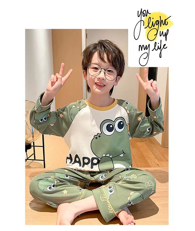 Vaikiškas pavasario ir rudens 2 dalių berniuko pižamos ilgomis rankovėmis ilgos kelnės šukuotos medvilninės berniuko pižamos namų drabužių rinkinys