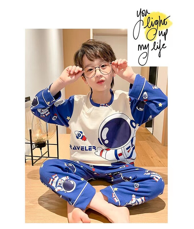 Vaikiškas pavasario ir rudens 2 dalių berniuko pižamos ilgomis rankovėmis ilgos kelnės šukuotos medvilninės berniuko pižamos namų drabužių rinkinys