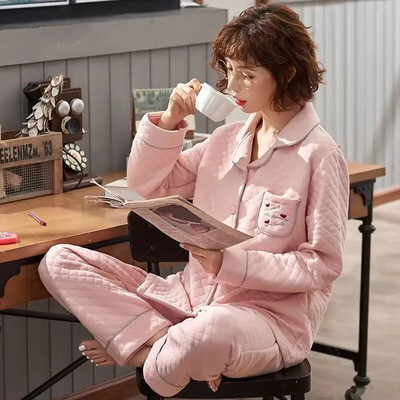 Pijamale din bumbac de iarnă din bumbac pur 100% pur pentru femei Îmbrăcăminte groase de acasă Îmbrăcăminte exterioară Design stratificat