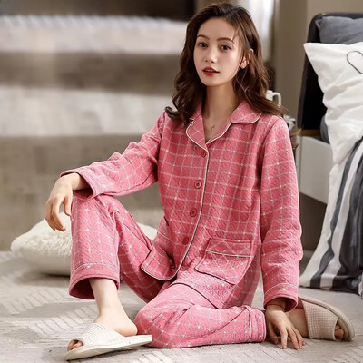 Pijamale din bumbac de iarnă din bumbac pur 100% pur pentru femei Îmbrăcăminte groase de acasă Îmbrăcăminte exterioară Design stratificat