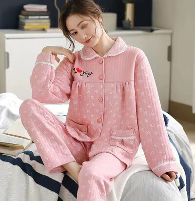 Pijamale din bumbac de iarnă din bumbac pur 100% pur pentru femei Îmbrăcăminte groase de acasă Îmbrăcăminte exterioară Design stratificat