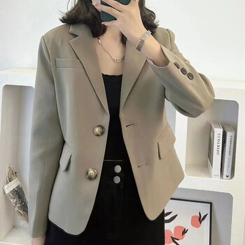 Κομψό μαύρο γυναικείο κοστούμι παλτό 2024 Chic Cuff Buttons Design Cropped Jacket Woman μονόχρωμο μακρυμάνικο Office Blazers Γυναικεία