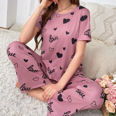 Új nyári női pizsama szett Szívmintás pizsama O-nyakú hálóruha divat rövid ujjú hosszú nadrág Női kauzális pizsama