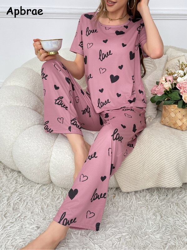 Új nyári női pizsama szett Szívmintás pizsama O-nyakú hálóruha divat rövid ujjú hosszú nadrág Női kauzális pizsama