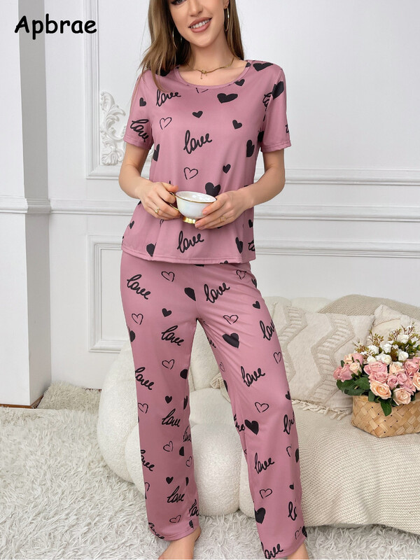 Új nyári női pizsama szett Szívmintás pizsama O-nyakú hálóruha divat rövid ujjú hosszú nadrág Női kauzális pizsama