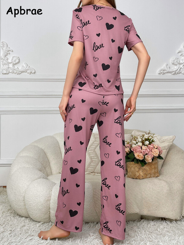 Új nyári női pizsama szett Szívmintás pizsama O-nyakú hálóruha divat rövid ujjú hosszú nadrág Női kauzális pizsama