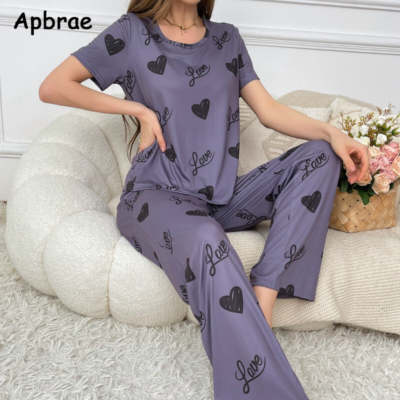 Új nyári női pizsama szett Szívmintás pizsama O-nyakú hálóruha divat rövid ujjú hosszú nadrág Női kauzális pizsama