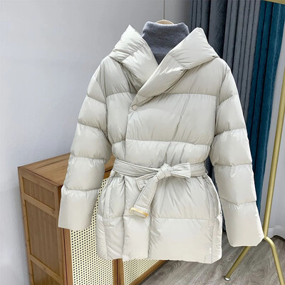 Zimná dámska páperová bunda s kapucňou, ultraľahká teplá ležérna šnurovacia bunda, dámska prešívaná bunda s opaskom, elegantná parka