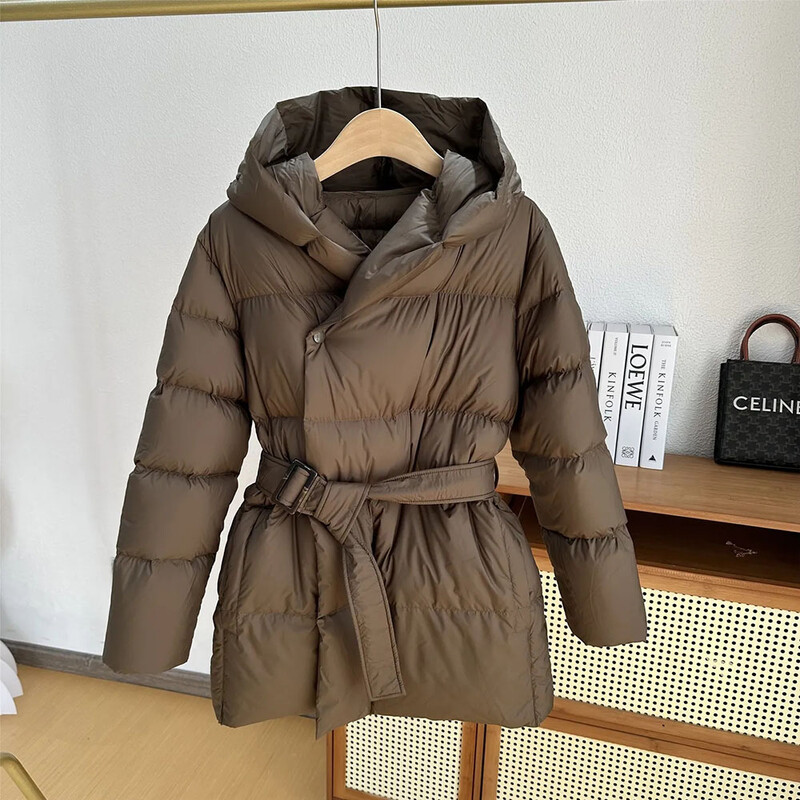 Zimná dámska páperová bunda s kapucňou, ultraľahká teplá ležérna šnurovacia bunda, dámska prešívaná bunda s opaskom, elegantná parka