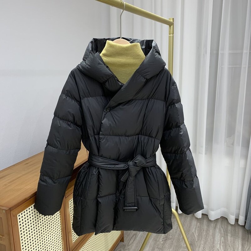 Zimná dámska páperová bunda s kapucňou, ultraľahká teplá ležérna šnurovacia bunda, dámska prešívaná bunda s opaskom, elegantná parka