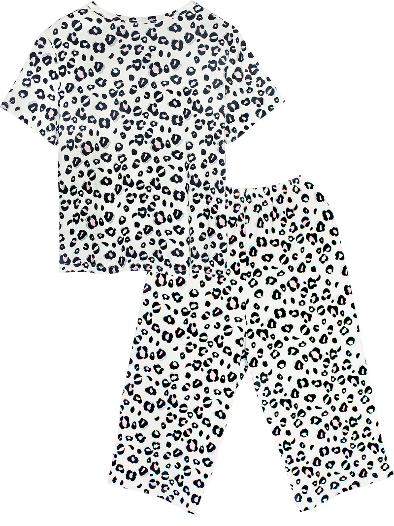 Női pizsama szett nyári leopárdmintás alkalmi rövid ujjú, kerek nyakú felső Capri nadrág hálóruha szett nappali ruha