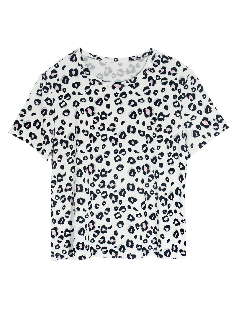 Női pizsama szett nyári leopárdmintás alkalmi rövid ujjú, kerek nyakú felső Capri nadrág hálóruha szett nappali ruha