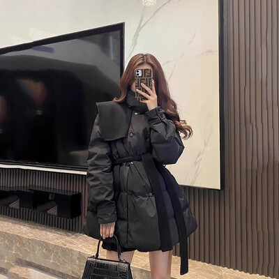 2023-as fekete pamutkabát női, téli, közepes hosszúságú, fűzős Parka Slim Splicing temperamentumos, párnázott dzseki női meleg felöltőhöz