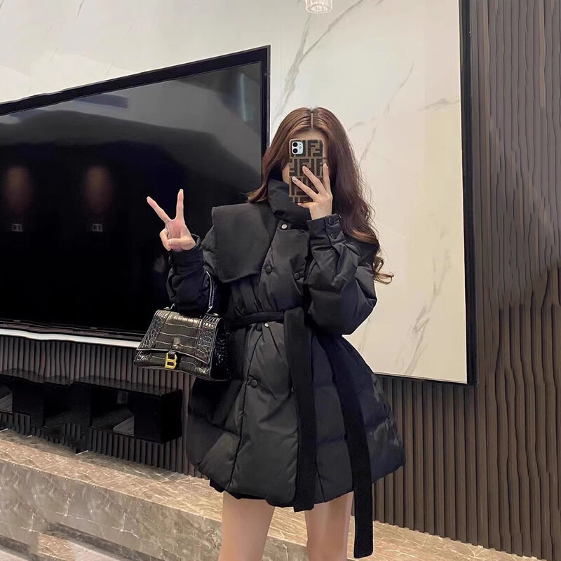 2023-as fekete pamutkabát női, téli, közepes hosszúságú, fűzős Parka Slim Splicing temperamentumos, párnázott dzseki női meleg felöltőhöz