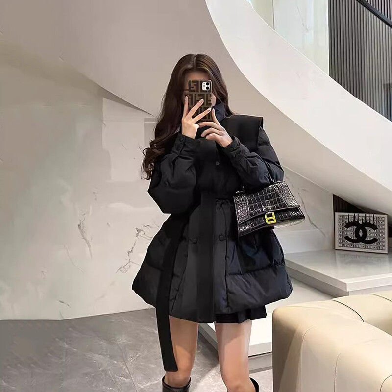 2023-as fekete pamutkabát női, téli, közepes hosszúságú, fűzős Parka Slim Splicing temperamentumos, párnázott dzseki női meleg felöltőhöz
