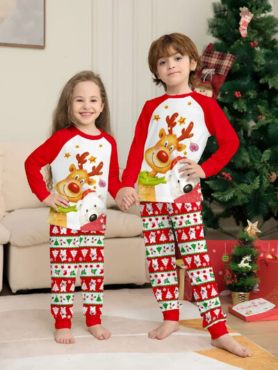 Linksmų Kalėdų spaudiniai Vaikų pižamos rinkinys berniukams mergaitėms, 2 dalių kostiumas Mielas minkštas miegui skirtas drabužis vaikiški drabužiai 6M-14Y Kalėdų išvaizda