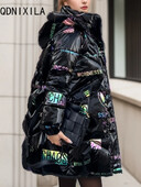 Női pehelykabát, közepes hosszúságú koreai divatos parka felsők, kapucnis, meleg, új fekete kabát, fényes, alkalmi bő női dzsekik 2024-re