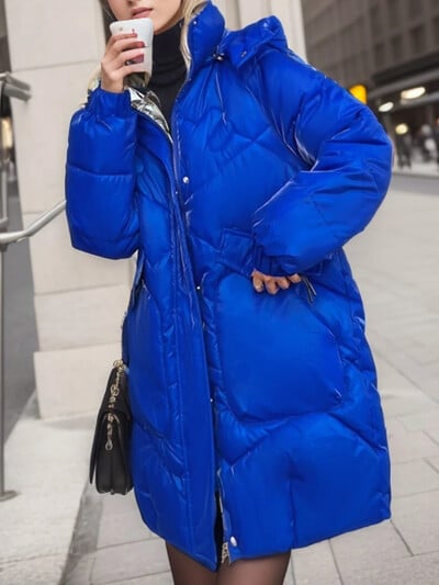 Női pehelykabát, közepes hosszúságú koreai divatos parka felsők, kapucnis, meleg, új fekete kabát, fényes, alkalmi bő női dzsekik 2024-re