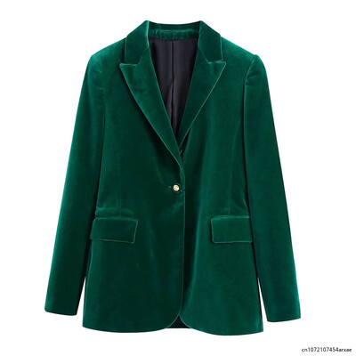 Blazer elegant de catifea pentru femei, la modă, îmbrăcăminte la birou, cu buzunare cu mânecă lungă, cu nasturi, blazer vintage, ținută verde pentru femei.