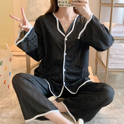 Ανοιξιάτικο και Φθινοπωρινό μακρυμάνικο παντελόνι Πιτζάμες Σετ σαλονιού Γυναικεία Απλή Pull Edge Φαρδιά Φοιτητικό Φοιτητικό Κοστούμι