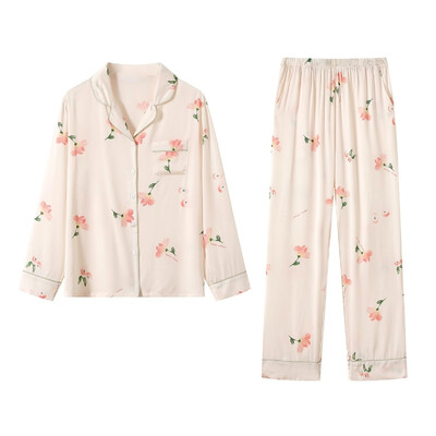 Női pizsama szett lehúzható gallér zseb hosszú ujjú alkalmi nadrág 2 részes szett hálóruha Női otthoni öltöny Női hangulatos hálóruha