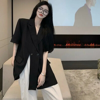 Luxusné sako s krátkym rukávom pre ženy, topy Y2k, nadrozmerné sako, kórejské módne kabáty, voľné streetwear, ležérne leto