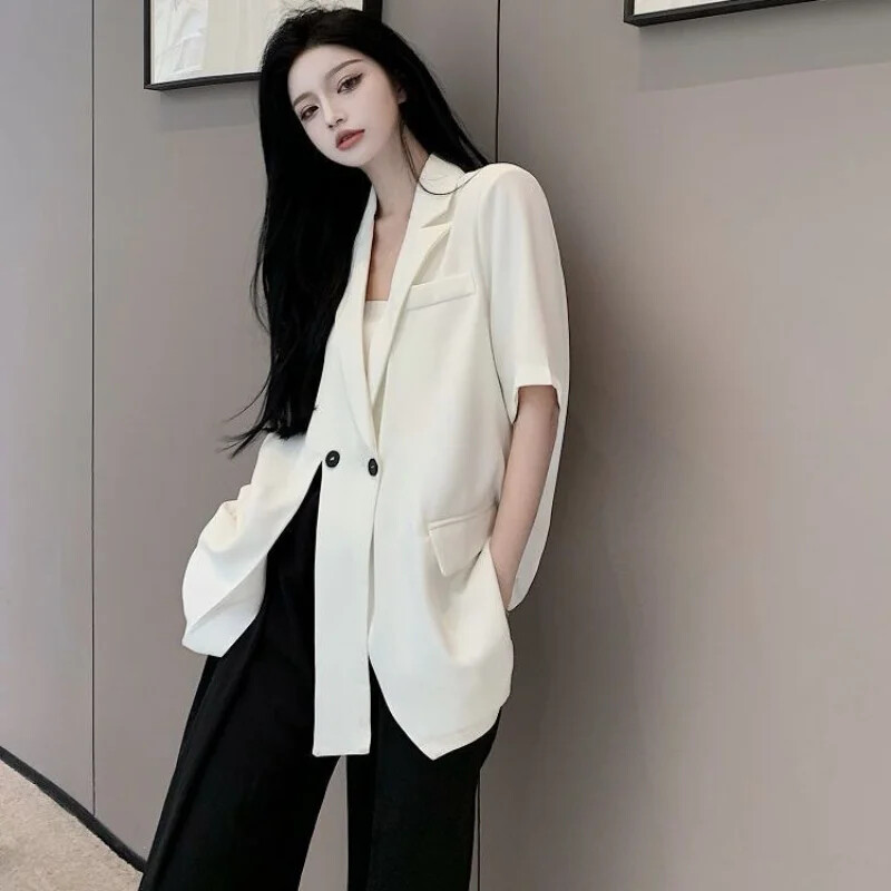 Luxusné sako s krátkym rukávom pre ženy, topy Y2k, nadrozmerné sako, kórejské módne kabáty, voľné streetwear, ležérne leto