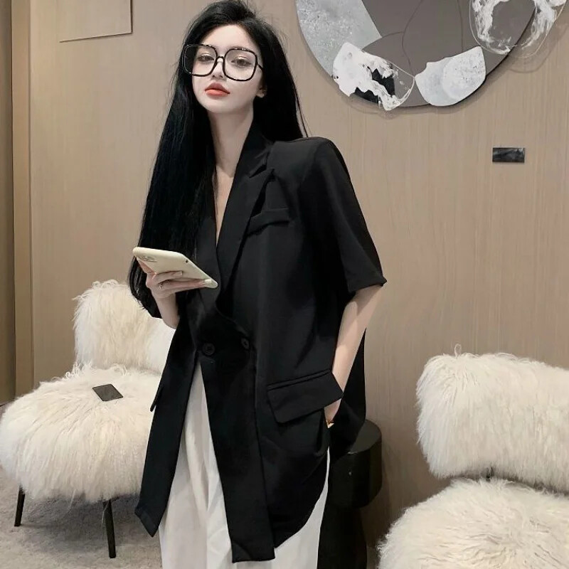 Luxusné sako s krátkym rukávom pre ženy, topy Y2k, nadrozmerné sako, kórejské módne kabáty, voľné streetwear, ležérne leto