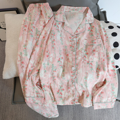 Novi jesenski kompleti pidžama s trešnjama za žene Ženska odjeća od umjetnog pamuka Mekani kardigan na rever Komplet od 2 komada Slatka slatka ženska pidžama