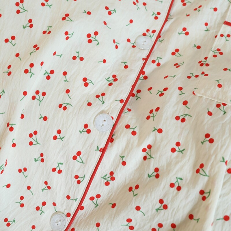 Novi jesenski kompleti pidžama s trešnjama za žene Ženska odjeća od umjetnog pamuka Mekani kardigan na rever Komplet od 2 komada Slatka slatka ženska pidžama