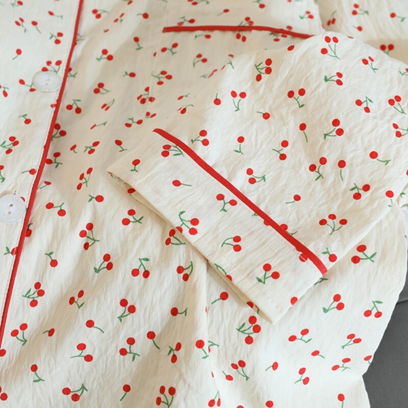 Novi jesenski kompleti pidžama s trešnjama za žene Ženska odjeća od umjetnog pamuka Mekani kardigan na rever Komplet od 2 komada Slatka slatka ženska pidžama