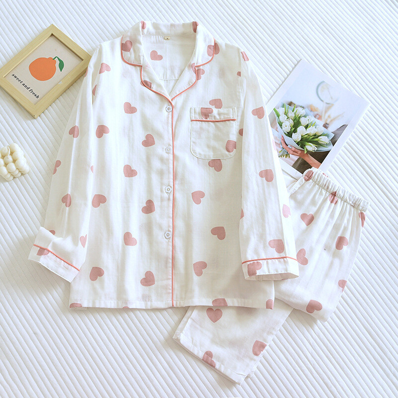 Nová jarná a jesenná pyžamová súprava pre ženy, 100 % bavlnené nohavice s dlhým rukávom, dvojdielna súprava Love Lovely Sweet Home Functional Set