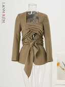 LANMREM Σχεδιαστής μόδας Blazer Women Hollow Out Bandage Gathered Waist Slim Coat Streetwear 2024 Φθινόπωρο Νέα Ρούχα CP3147