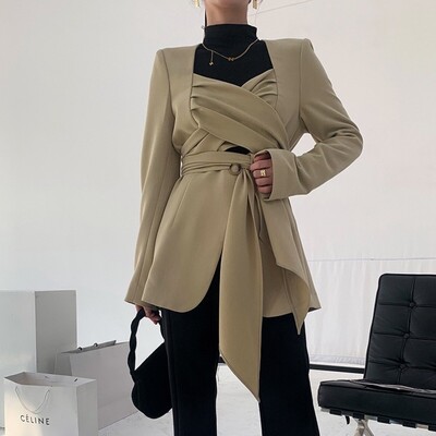LANMREM Σχεδιαστής μόδας Blazer Women Hollow Out Bandage Gathered Waist Slim Coat Streetwear 2024 Φθινόπωρο Νέα Ρούχα CP3147