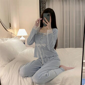 Storas žiemos pižamų komplektas Seksualus apvalaus kaklo mėlynas aksominis kostiumas ant krūtinės rudens/žiemos moteriški miegui