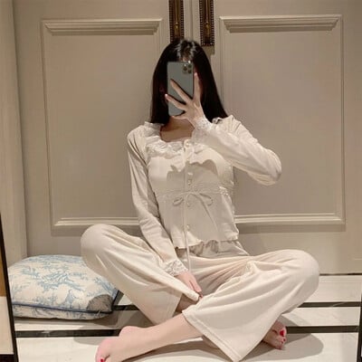 Storas žiemos pižamų komplektas Seksualus apvalaus kaklo mėlynas aksominis kostiumas ant krūtinės rudens/žiemos moteriški miegui