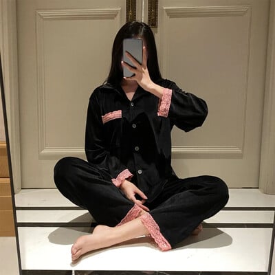 Storas žiemos pižamų komplektas Seksualus apvalaus kaklo mėlynas aksominis kostiumas ant krūtinės rudens/žiemos moteriški miegui