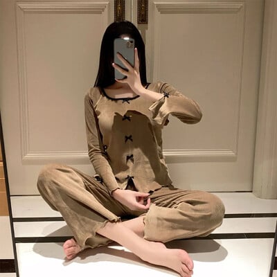 Storas žiemos pižamų komplektas Seksualus apvalaus kaklo mėlynas aksominis kostiumas ant krūtinės rudens/žiemos moteriški miegui