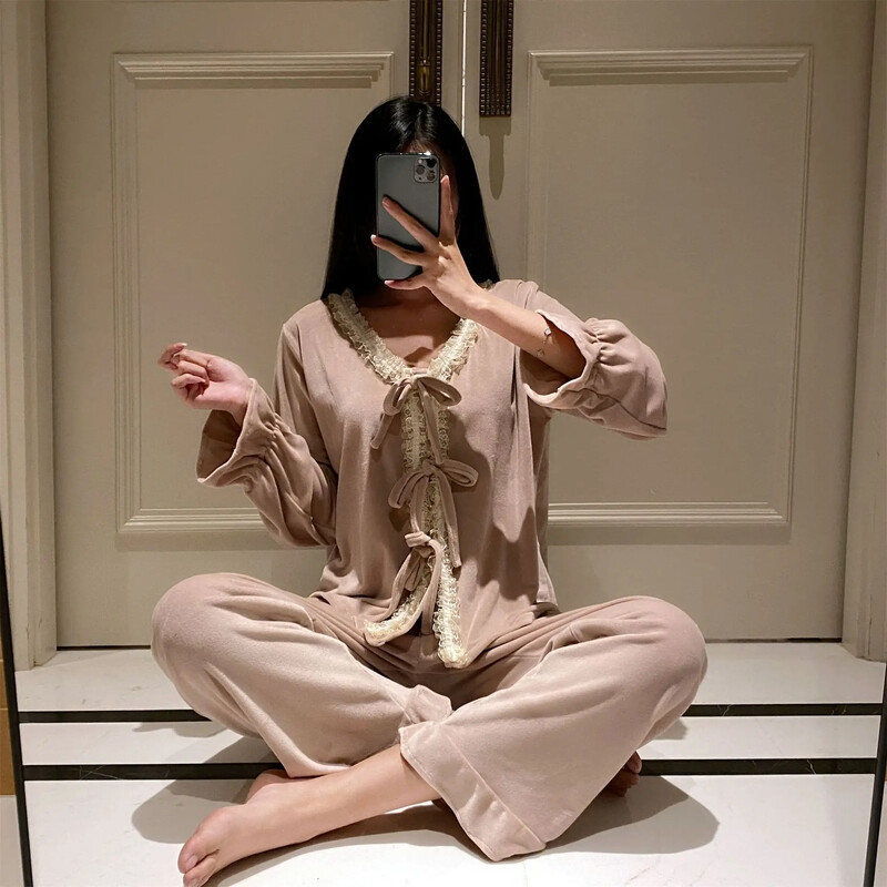 Storas žiemos pižamų komplektas Seksualus apvalaus kaklo mėlynas aksominis kostiumas ant krūtinės rudens/žiemos moteriški miegui