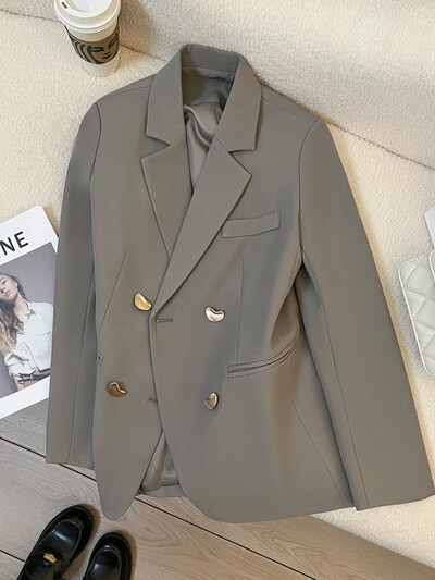 Zoki alkalmi elegáns szürke blézer női angol hosszú ujjú, elegáns öltönykabát laza divatos, szerelmi gombok, duplasoros kabát felsők