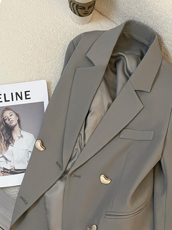 Zoki alkalmi elegáns szürke blézer női angol hosszú ujjú, elegáns öltönykabát laza divatos, szerelmi gombok, duplasoros kabát felsők