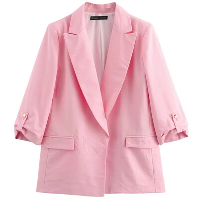 TRAF női blézerkabát, fehér, rózsaszín, női blézer, felhúzott ujjú, irodai dzsekik, női, 2024. nyár, zöld, elegáns női kabát