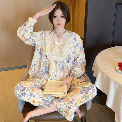 Ανοιξιάτικο φθινόπωρο Γυναικεία Sweet Princess Style Sleepwear Δαντέλα με μακρυμάνικο στολισμένο σπίτι Ρούχα με λαιμόκοψη V λεπτό υλικό