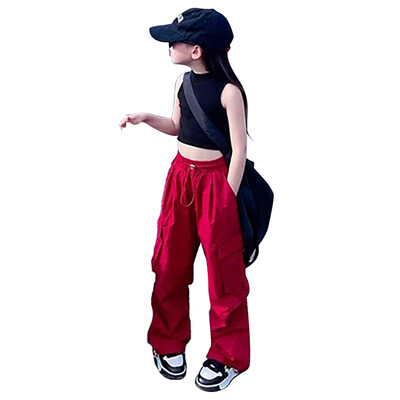 Naujos vaikiškos „Cargo“ kelnės „Stright Fit“ mokyklinės kelnės, skirtos hiphopo šokiams, universalios, laisvos juosmens, paprastos ilgos kelnės su kišene