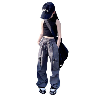 Naujos vaikiškos „Cargo“ kelnės „Stright Fit“ mokyklinės kelnės, skirtos hiphopo šokiams, universalios, laisvos juosmens, paprastos ilgos kelnės su kišene