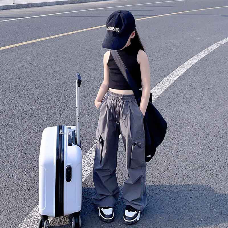 Naujos vaikiškos „Cargo“ kelnės „Stright Fit“ mokyklinės kelnės, skirtos hiphopo šokiams, universalios, laisvos juosmens, paprastos ilgos kelnės su kišene