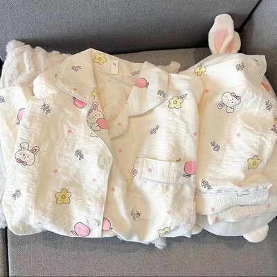 Spausdinti Triušiai Mieli Kawaii pižamų rinkiniai moterims Rudens minkšti pižamų rinkiniai miegui ilgomis rankovėmis kelnių rinkinys moteriškas pižamos namų kostiumas