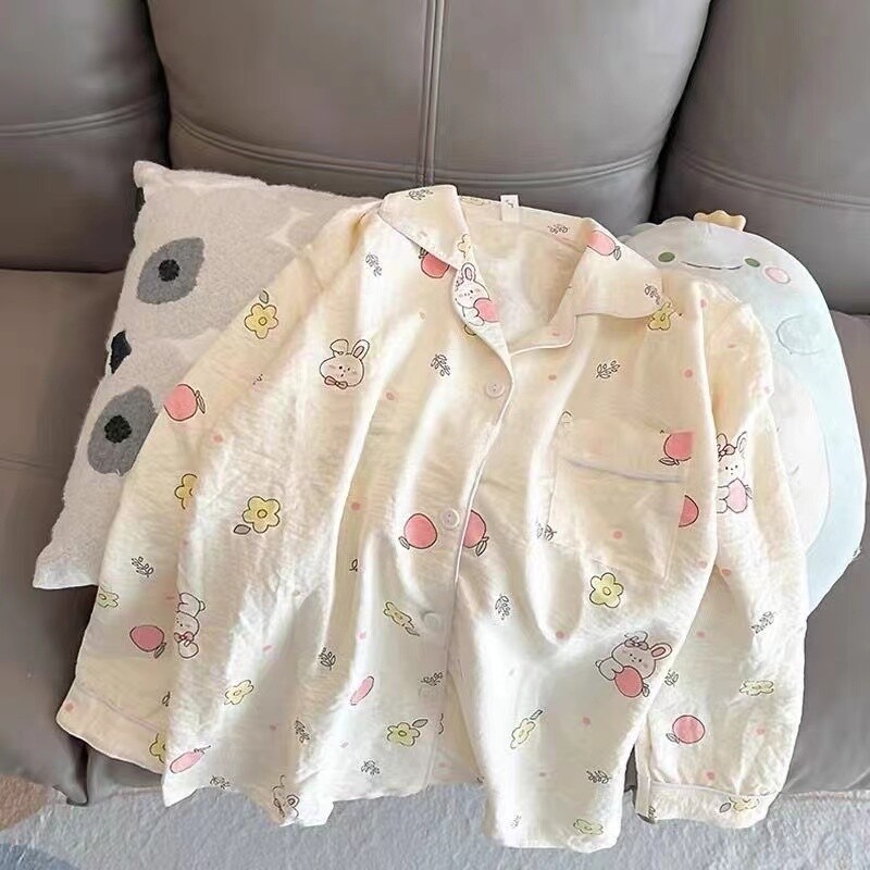 Iepuri imprimate Seturi de pijamale Kawaii drăguțe pentru femei Seturi de pijamale moi de toamnă Lenjerie de dormit Set pantaloni cu mânecă lungă Pijamale pentru femei Costum de acasă